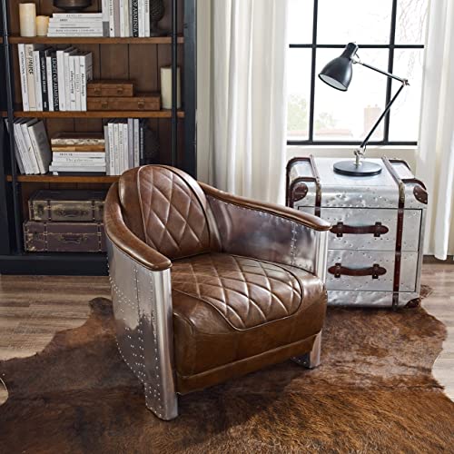 Volans Mid Century Modern Genuine Leather Accent Arm Chair with Vintage Aluminum Patchwork, Lightbrown
