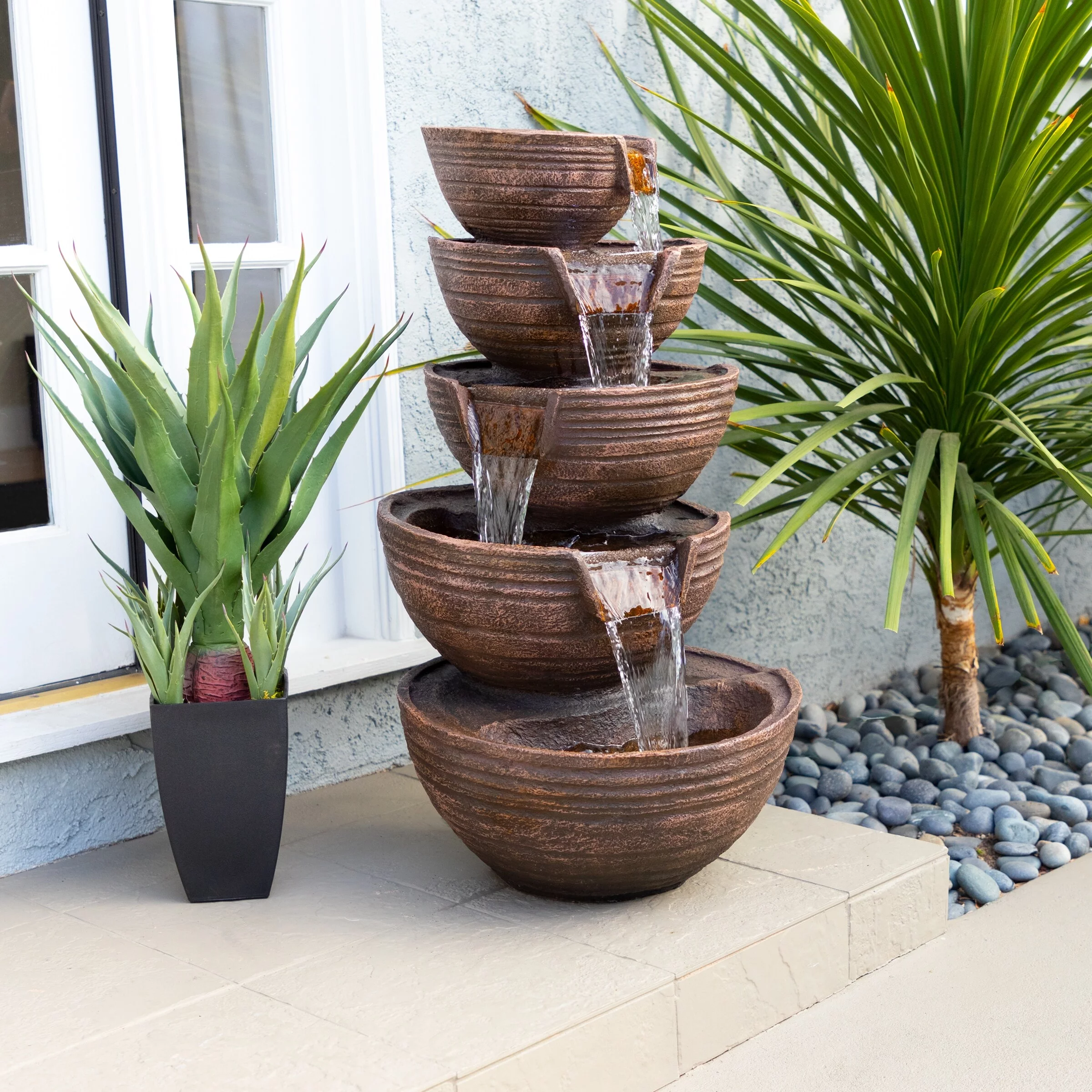 Alpine Corporation  34" Tall Outdoor 5-Tier Modern Bowl Cascading Waterfall Fountain with LED Lights