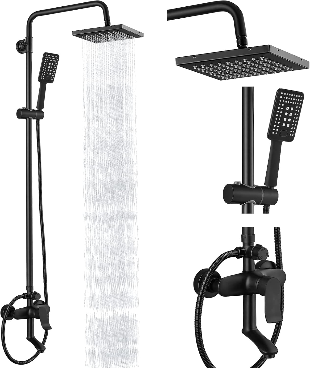 Heyalan Exposed Shower System Brushed Nickel 3 Functional Adjustable Complete Set Tub 8 Inch Square Rainfall Shower Head with Square Hand-held