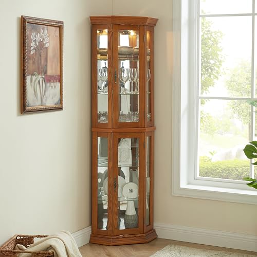 Corner Curio Cabinet Lighted Corner Display, Glass Display Shelf Shelving Bar cabinet with Tempered Glass Door, Bar Cabinet,Cabinet with Adjustable Shelf Glass Cabinet Shelves Bead Bulb Included OAK