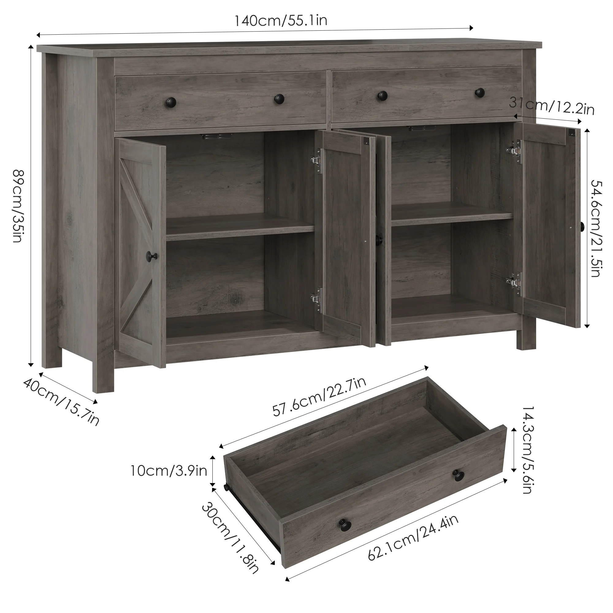 Homfa Farmhouse Kitchen Sideboard, 4-Doors 2-Drawers Wood Buffet Cabinet with Adjustable Shelves, Gray
