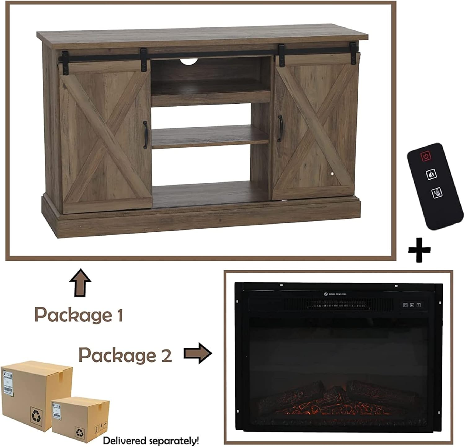 Sophia & William Farmhouse Electric Fireplace TV Stand for TV's Up to 65, Accent Decorative Barn Door Storage Cabinet Chest with 23 Insert Fireplace for Living Room Bedroom Home Office, Burlywood