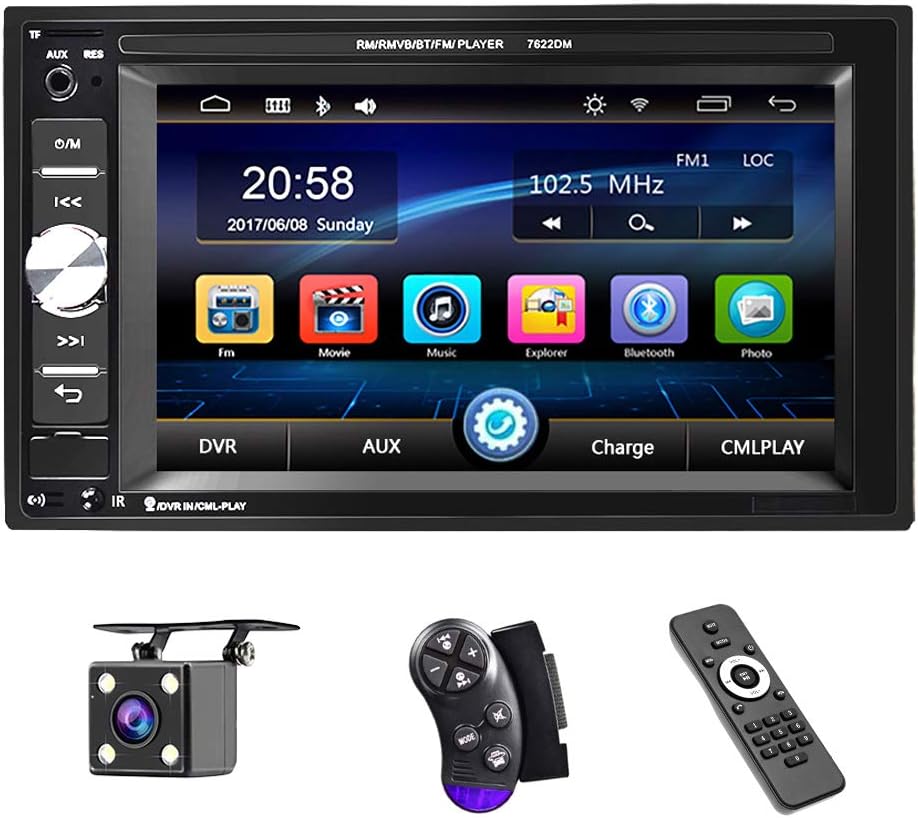 UNITOPSCI Car Multimedia Player Double Din Bluetooth Car Stereo 6.2 Inch Touch Screen Car Radio Hands Free Call MP5 Player USB SD Auxiliary Input FM Radio Receiver with Backup Camera Remote Control Pack of 2