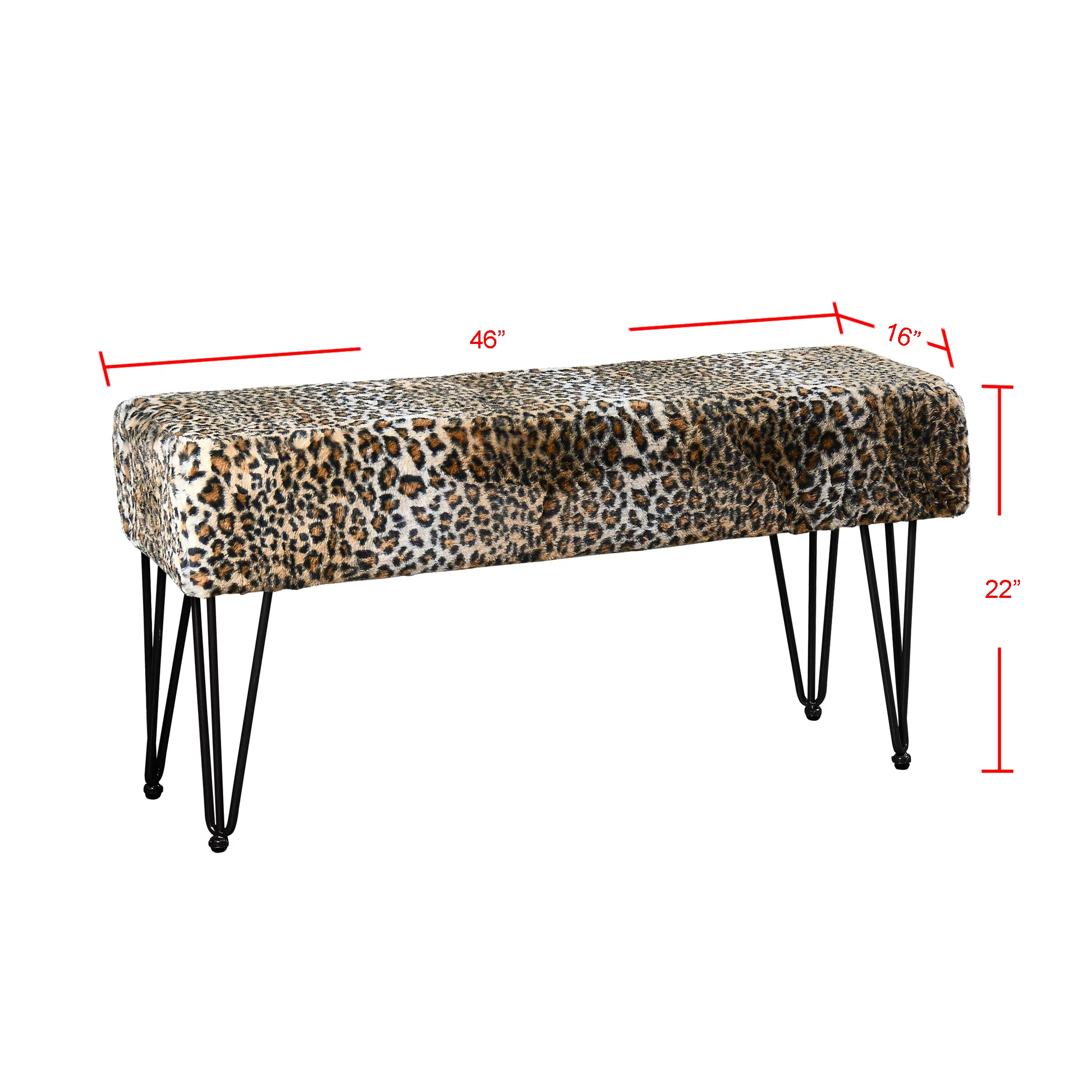 Home Soft Things Faux Fur Ottoman- Leopard - Black Leg - 46x16x22"
