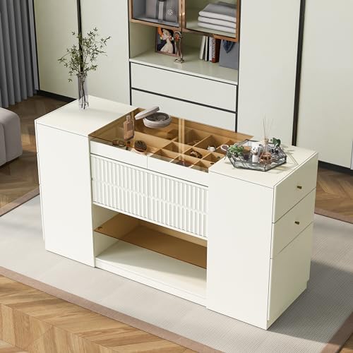 Wardrobe Armoire Bedroom Island with Glass Top, Glass Display Shelf & 6 Drawers, Wooden Closet Storage Cabinet with Open Shelves for Bedroom, Shops, Walk-in-Wardrobe, White