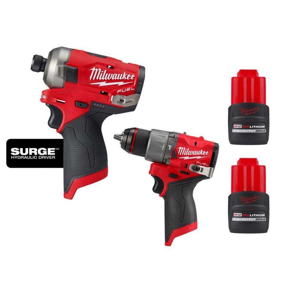 Milwaukee M12 FUEL SURGE 12-Volt 1/4 in. Hex Impact Driver w/1/2 in. Hammer Drill and M12 HO 2.5 Ah Battery Packs