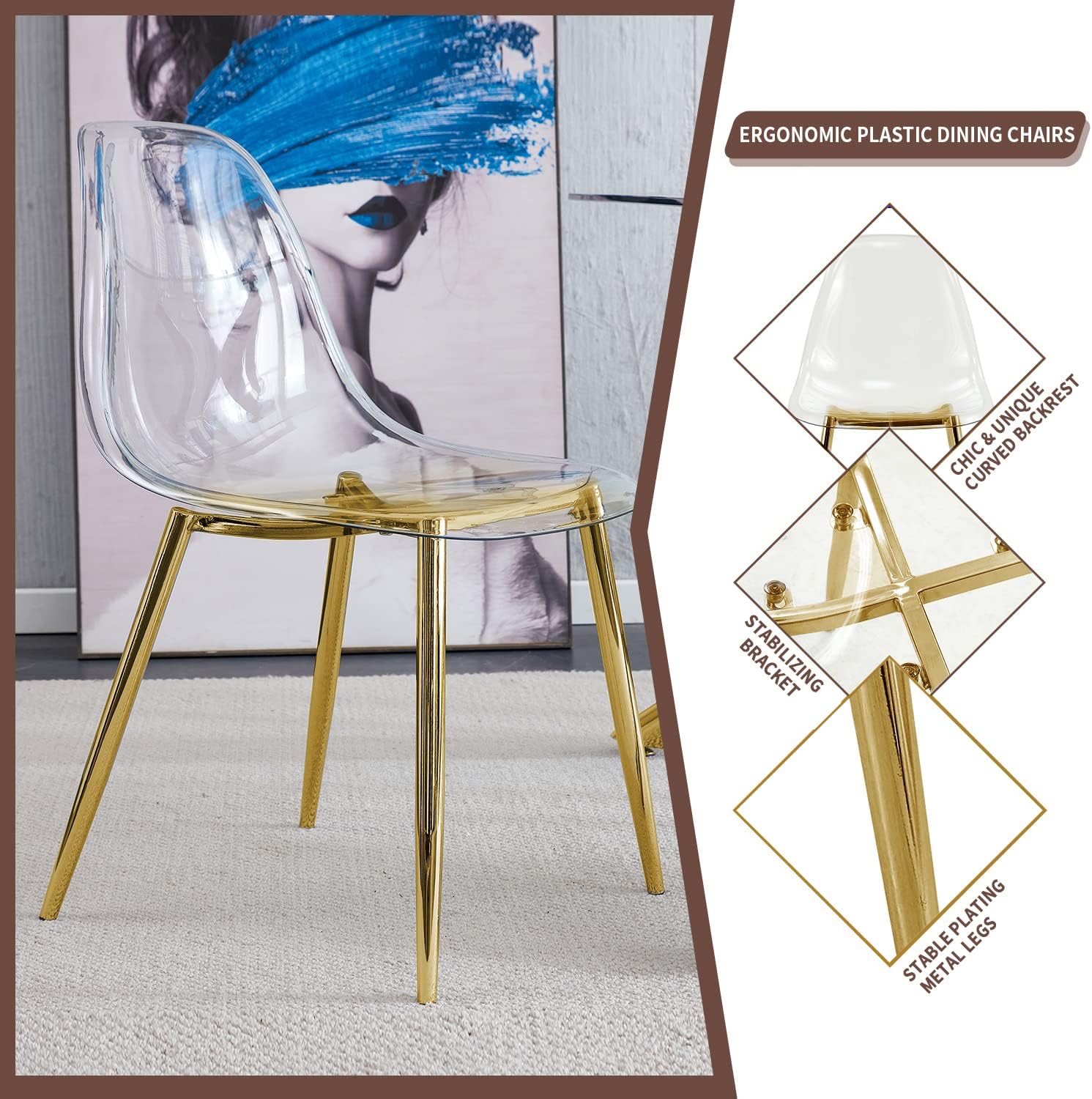 Baysitone Gold Round Glass Dining Table Set for 6, 47'' Circle Kitchen Table Set, Circular Dining Room Table Set, 7 PCS Modern Table and Chairs Set for Home Living Room, Clear Acrylic Chair