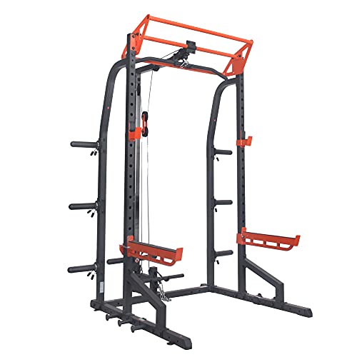 Sunny Health & Fitness Power Zone Half Rack Heavy Duty Performance Power Cage with J-Hooks, Adjustable Pull Up Bar Optional Bench with Dumbbell Rack, Premium Incline Bench, LAT Pull Down Attachment