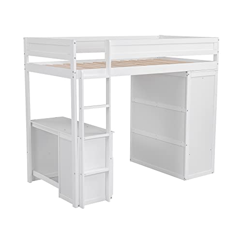 Full Size Loft Bed with Storage Wardrobe and Desk Wooden Loft Beds Frame with Drawers and Cabinet Wood High Loft Beds with Ladder for Kids Teens Adults, White