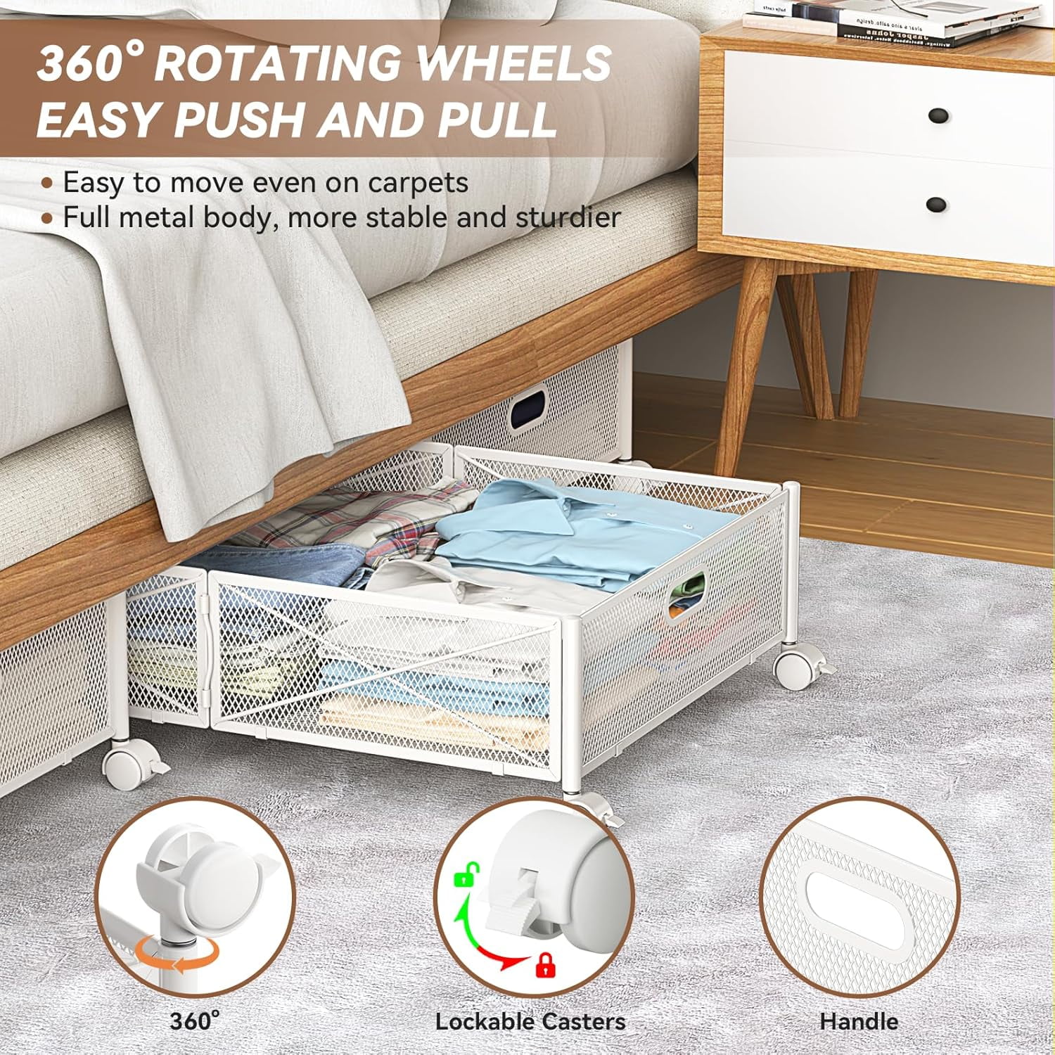 Under Bed Storage Containers with Wheels, Under Bed Shoe Storage Organizer Drawer, Tool-free Assembly Metal Storage Containers for Bedroom Clothes Shoes Blankets -2PCK