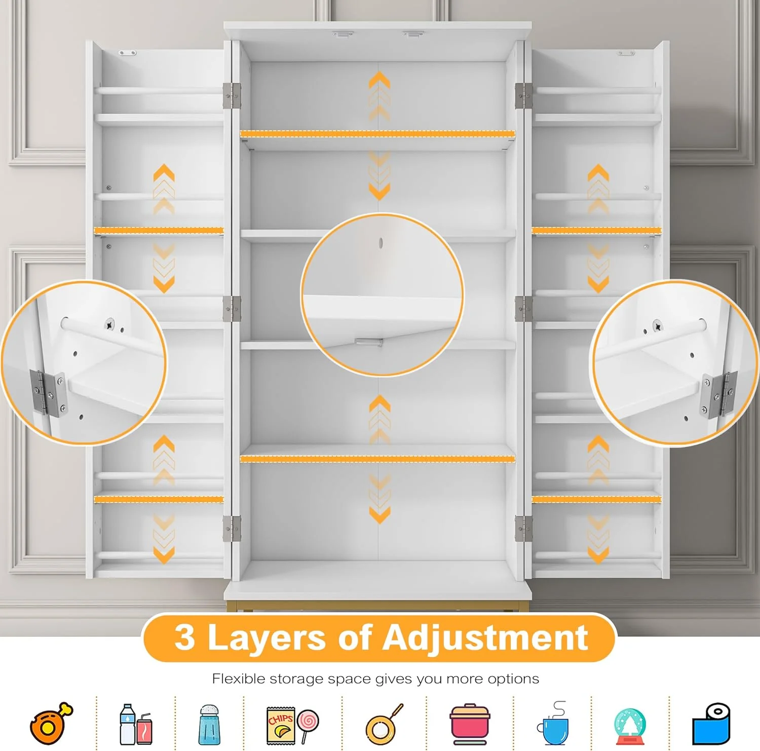 51” Pantry Cabinets, White Freestanding Kitchen Pantry Storage Cabinet with Adjustable Shelves, Buffet Cupboards Storage Cabinet for Home Office Use, White + Gold