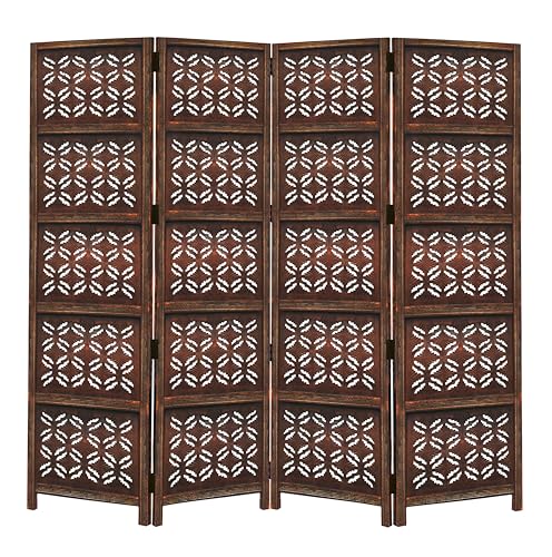 Room Divider Wood Screen - Ghanti Bells Antique Brown - 4 Panel Folding 72 x 80 - Assembled Hand Carved Decorative Functional Versatile Portable Partition Reversible Privacy Boho - COTTON CRAFT