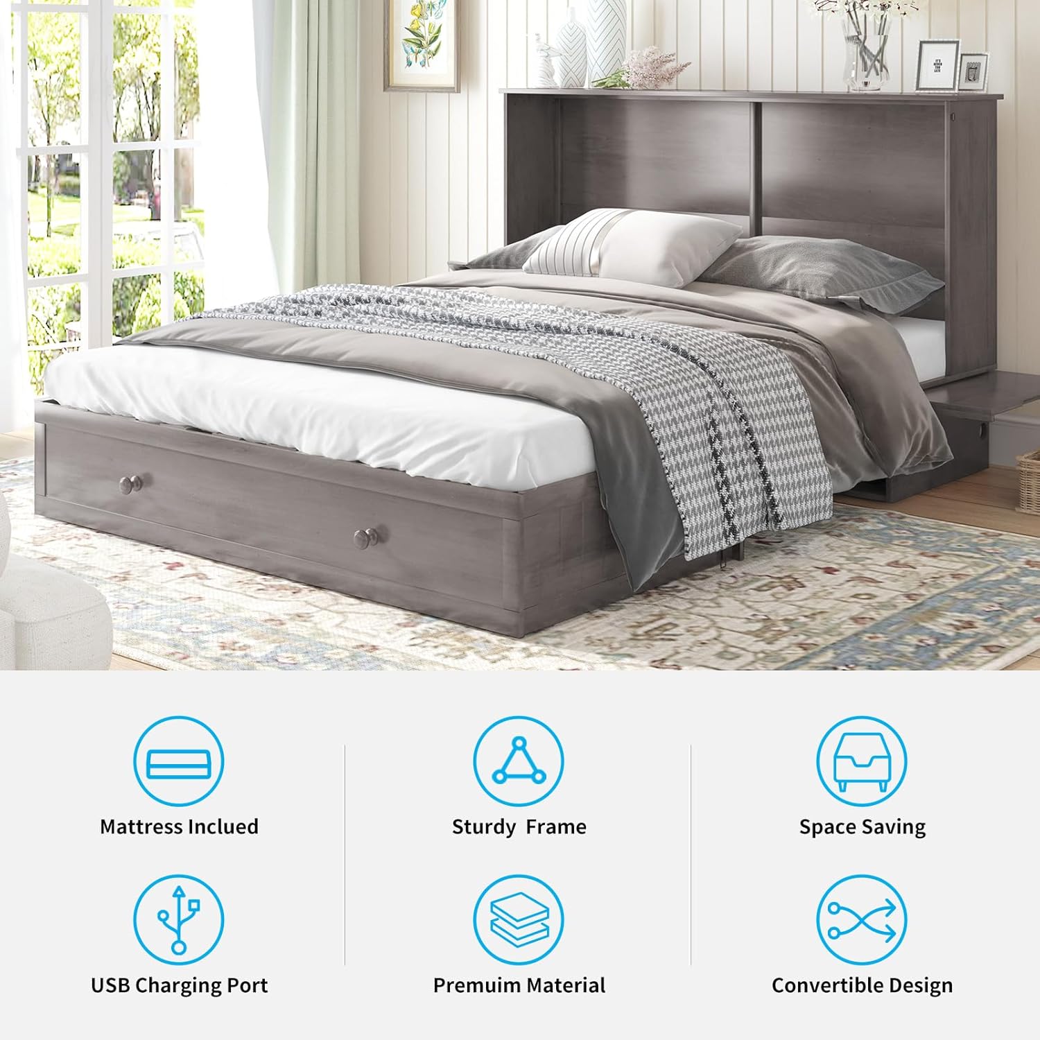 MUZZ Queen Size Cabinet Murphy Bed, Murphy Bed with Foldable Foam Mattress, Space-Saving Cube Murphy Bed with Charging Station and Large Storage Drawer (Grey)