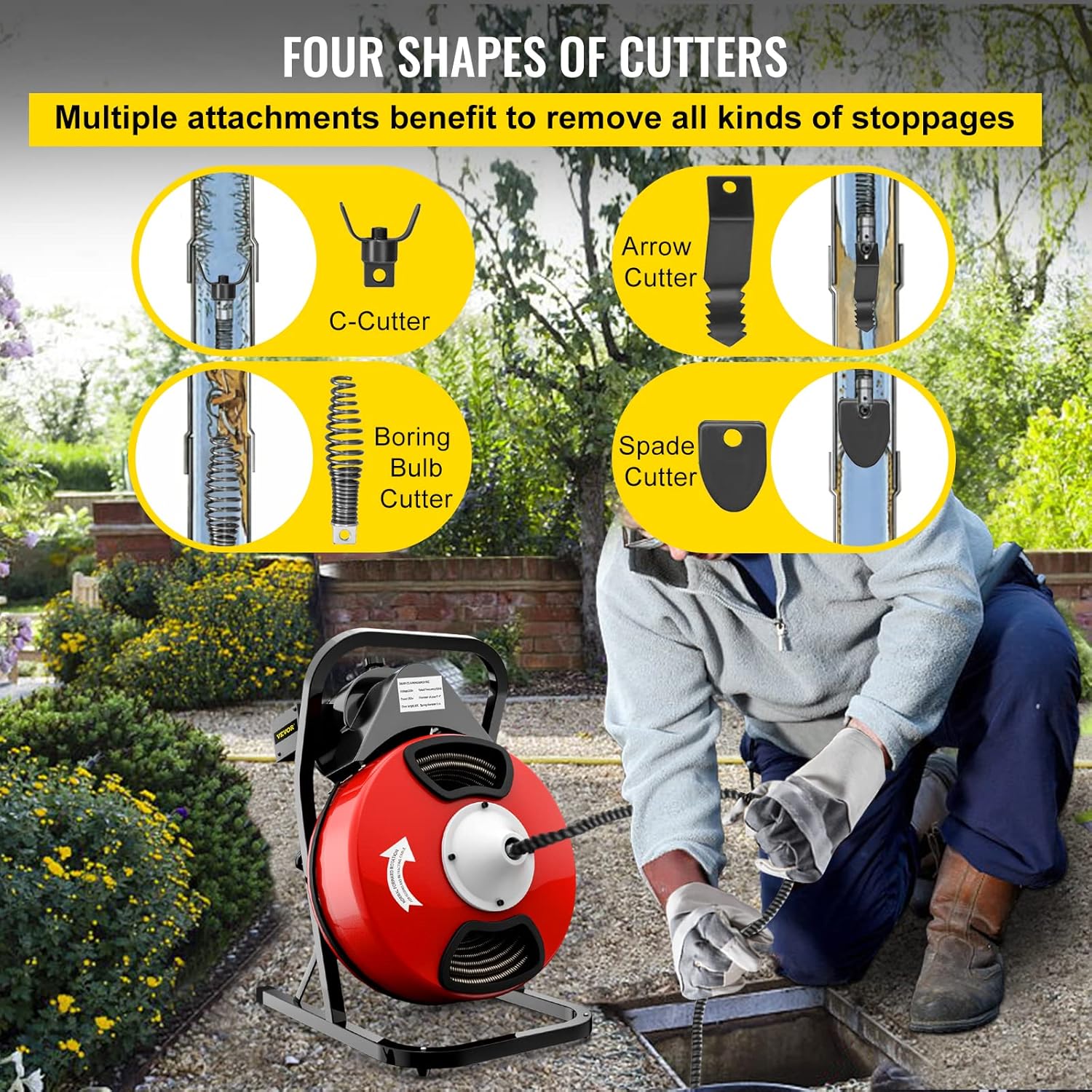 VEVOR 50FTx1/2Inch Drain Cleaner Machine Electric Drain Auger with 4 Cutter & Foot Switch Drain Cleaner Machine Sewer Snake Drill Drain Auger Cleaner for 1" to 4" Pipes