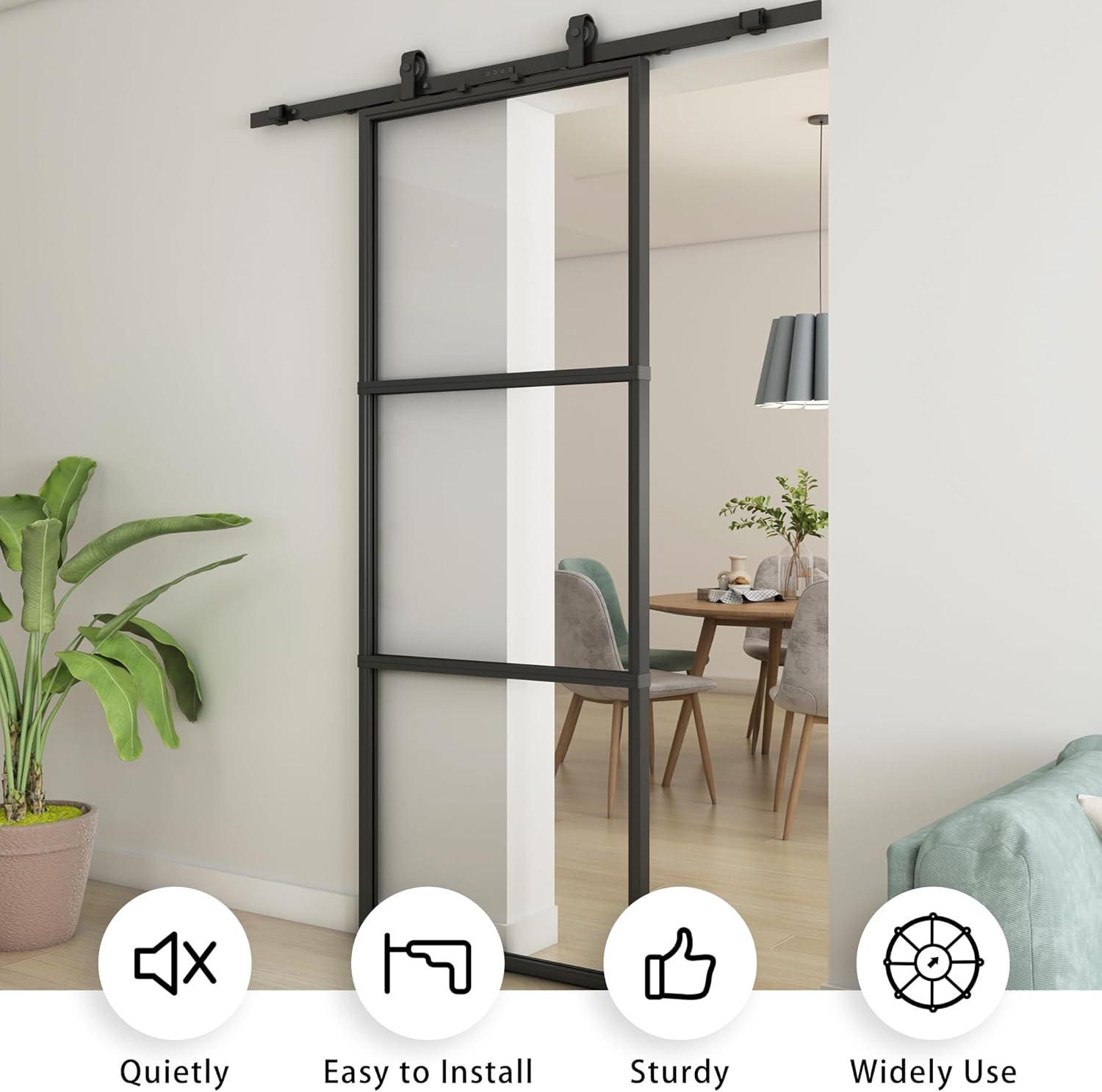 JUBEST 36in x 84in Glass Barn Door, Clear Tempered Glass Carbon Steel Pre Drilled Frame Sliding Barn Door Panel with 6FT Hardware Kit and Soft Close