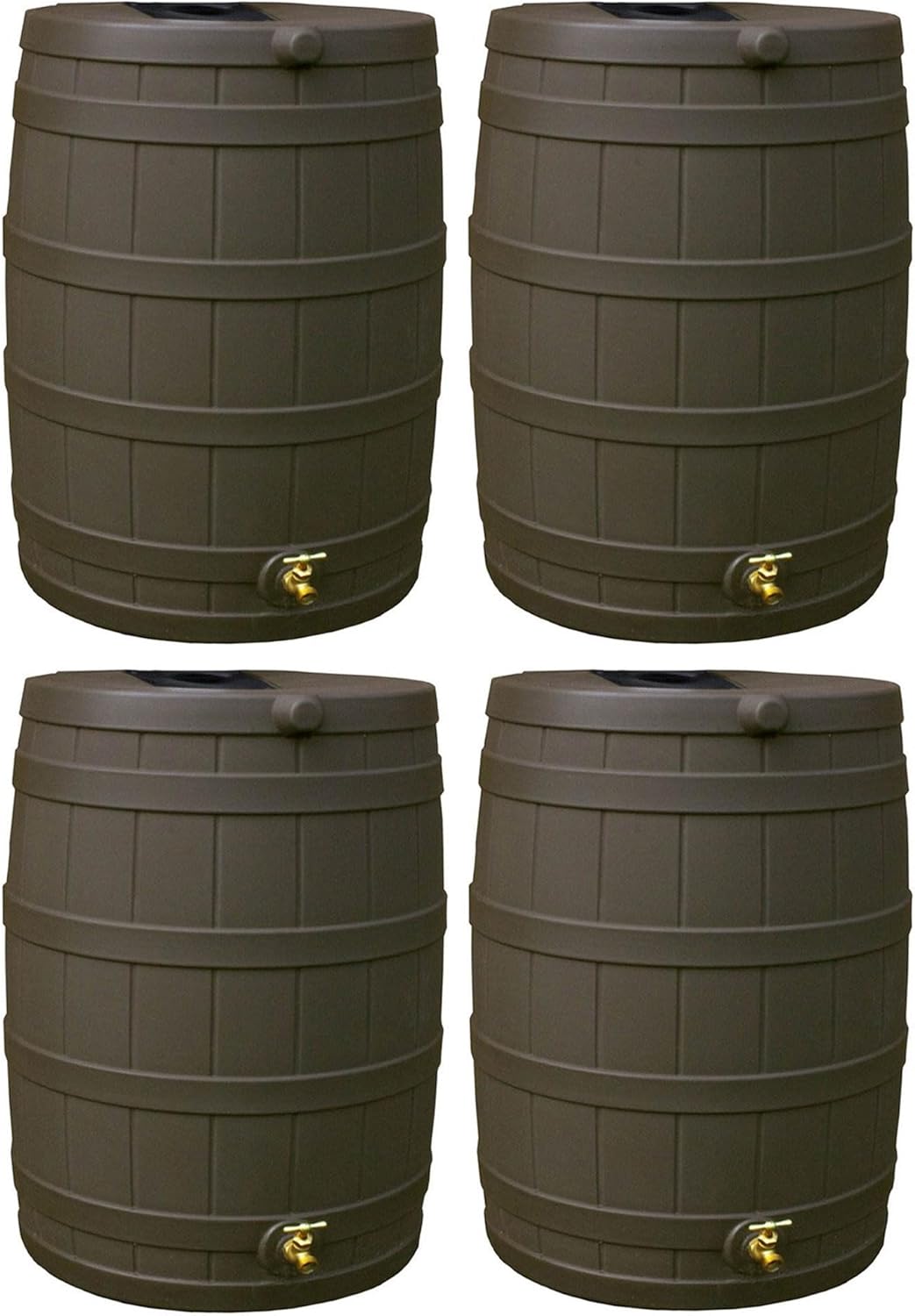 Good Ideas Rain Wizard 40 Gallon Plastic Outdoor Home Rain Water Storage Collection Barrel Drum with Brass Spigot, Oak (4 Pack)