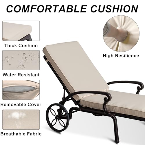 Outdoor Chaise Lounge Chairs, Set of 2 Pool Lounge Chairs Cast Aluminum Tanning Lounges with Cushion Wheels and Adjustable Reclining for Patio Outside(Beige)