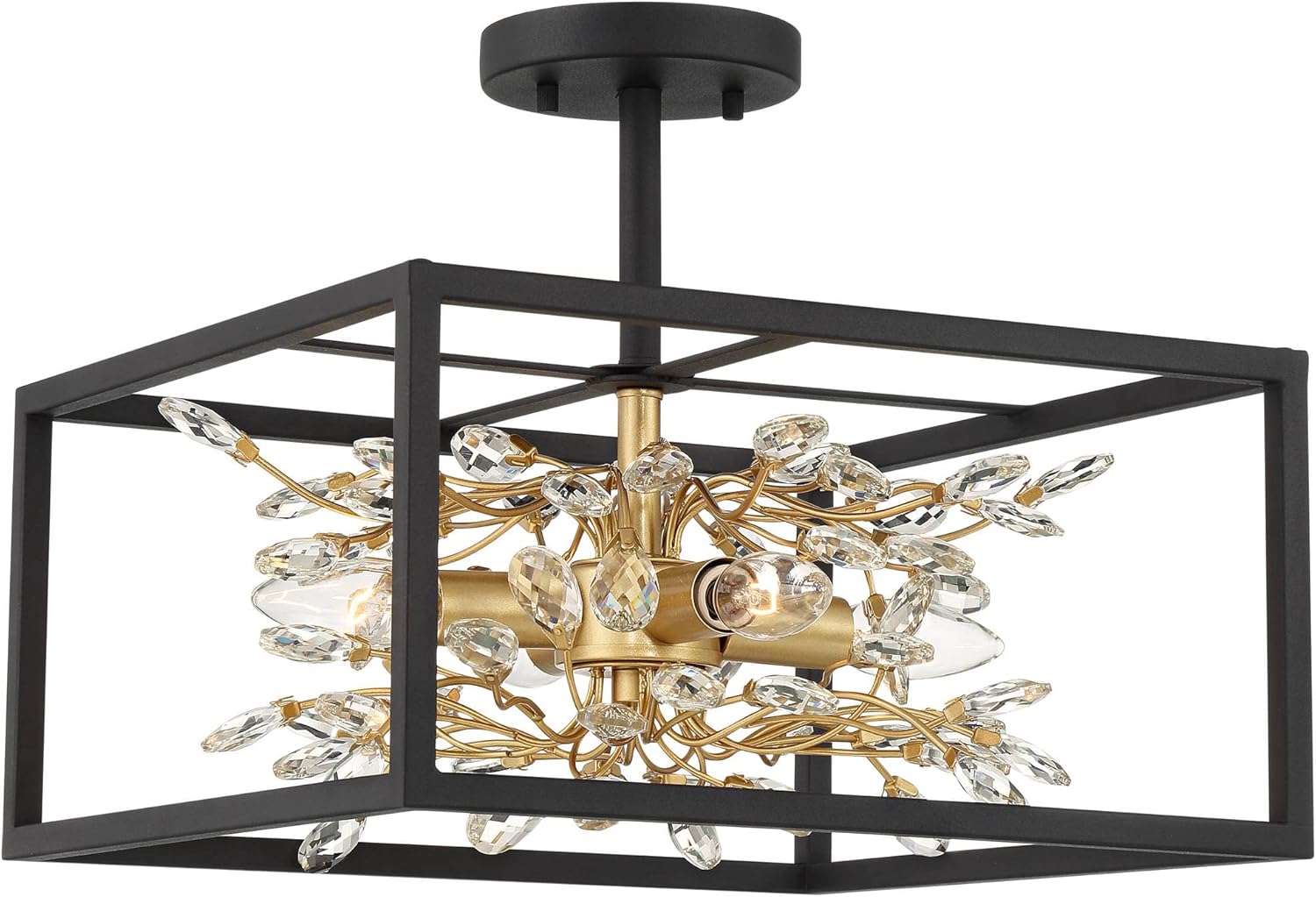 Possini Euro Design Carrine Modern Ceiling Light Semi Flush-Mount Fixture 14 1/4" Wide Black Metal Gold Branches 4-Light Clear Crystal for Bedroom Kitchen Living Room Hallway Bathroom House Home