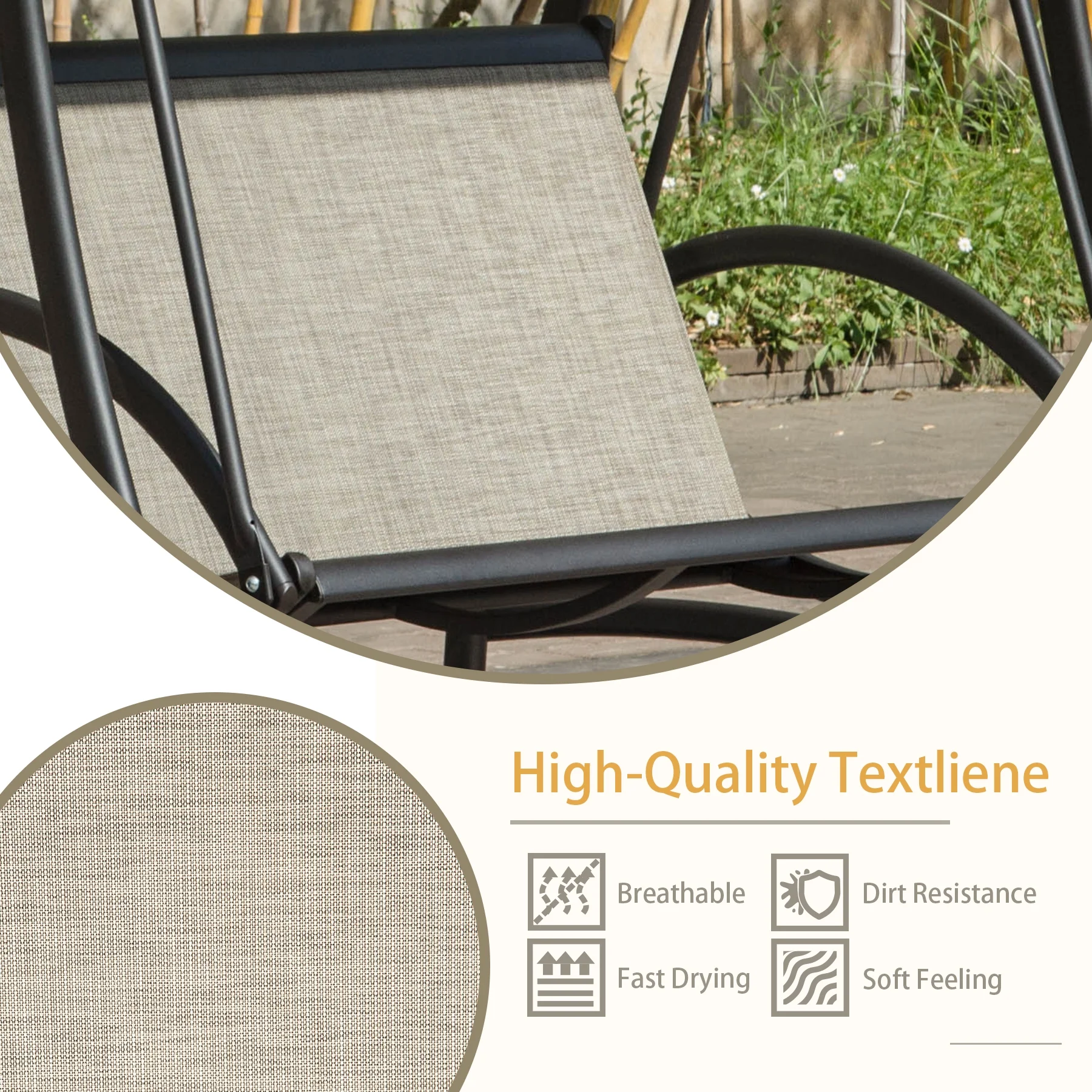 Domi Porch Patio Swing with Adjustable Canopy, 3-seat Swing with Stand, Outdoor Swings w/Armrests, Weather Resistant Steel Frame and Textilene Fabric