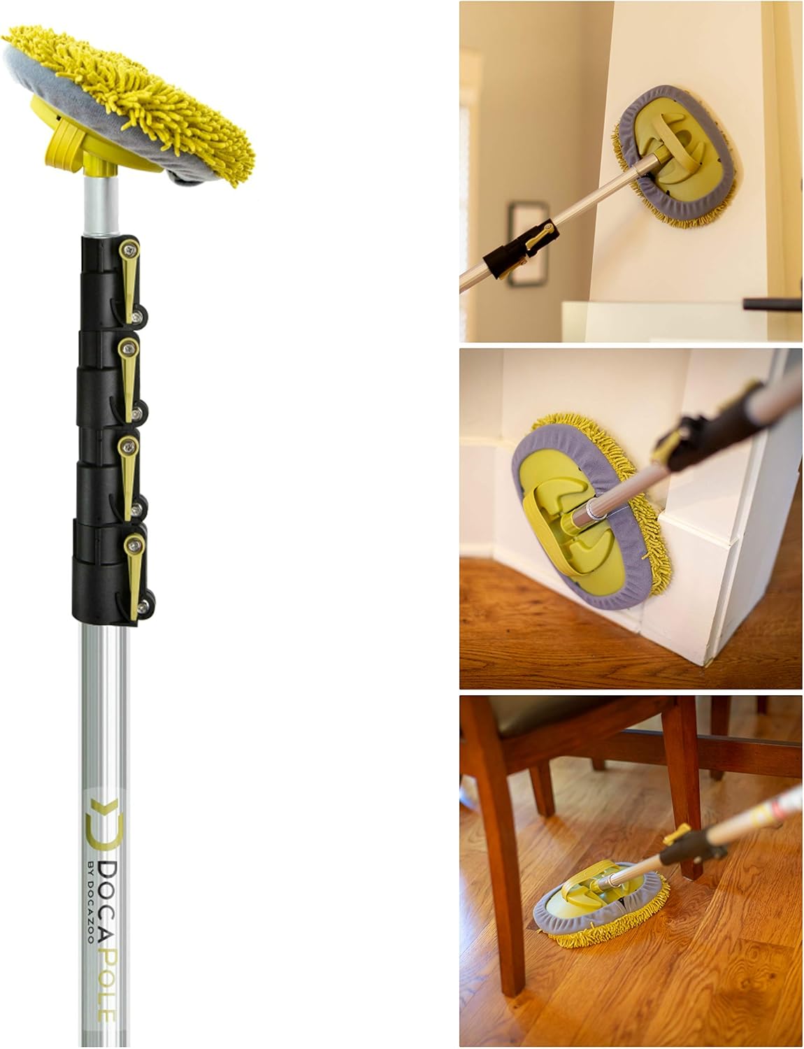 DocaPole Wall Duster with 6-24 Foot Extension Pole: Includes Telescoping Pole and Chenille Microfiber Cleaning Head for Use as Baseboard Cleaner, Wall Duster, and on High Reach Ceilings
