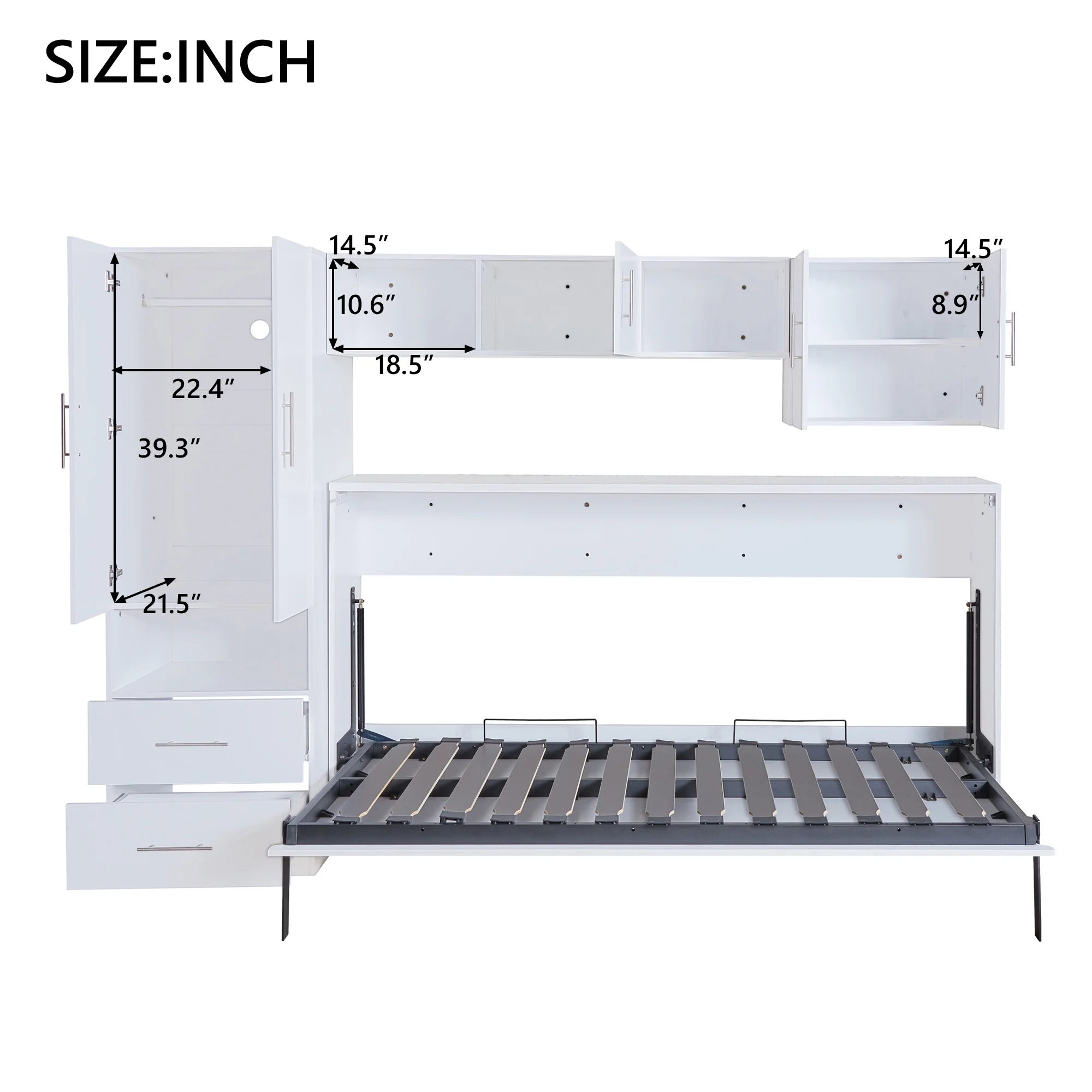 Euroco Twin Size Murphy Bed with Shelf and Drawer, Built-in Wardrobe and Desktop, Convertible into Cabinet for Living Room, Guests Room, Space-Saving Bedroom Furniture Sets