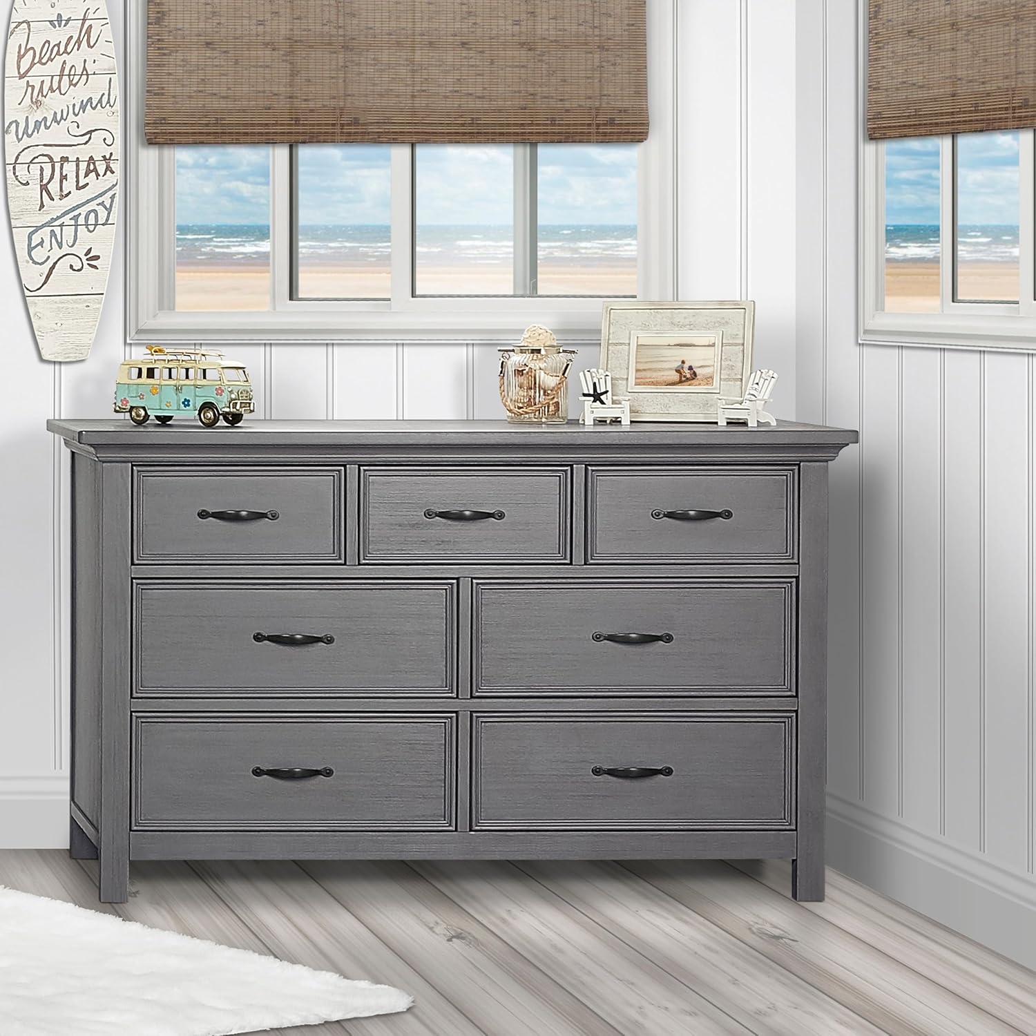 Evolur Belmar 7-Drawer Double Dresser in Rustic Grey with Convertible Crib to Full Size Bed Rail, Nursery & Bedroom Furniture