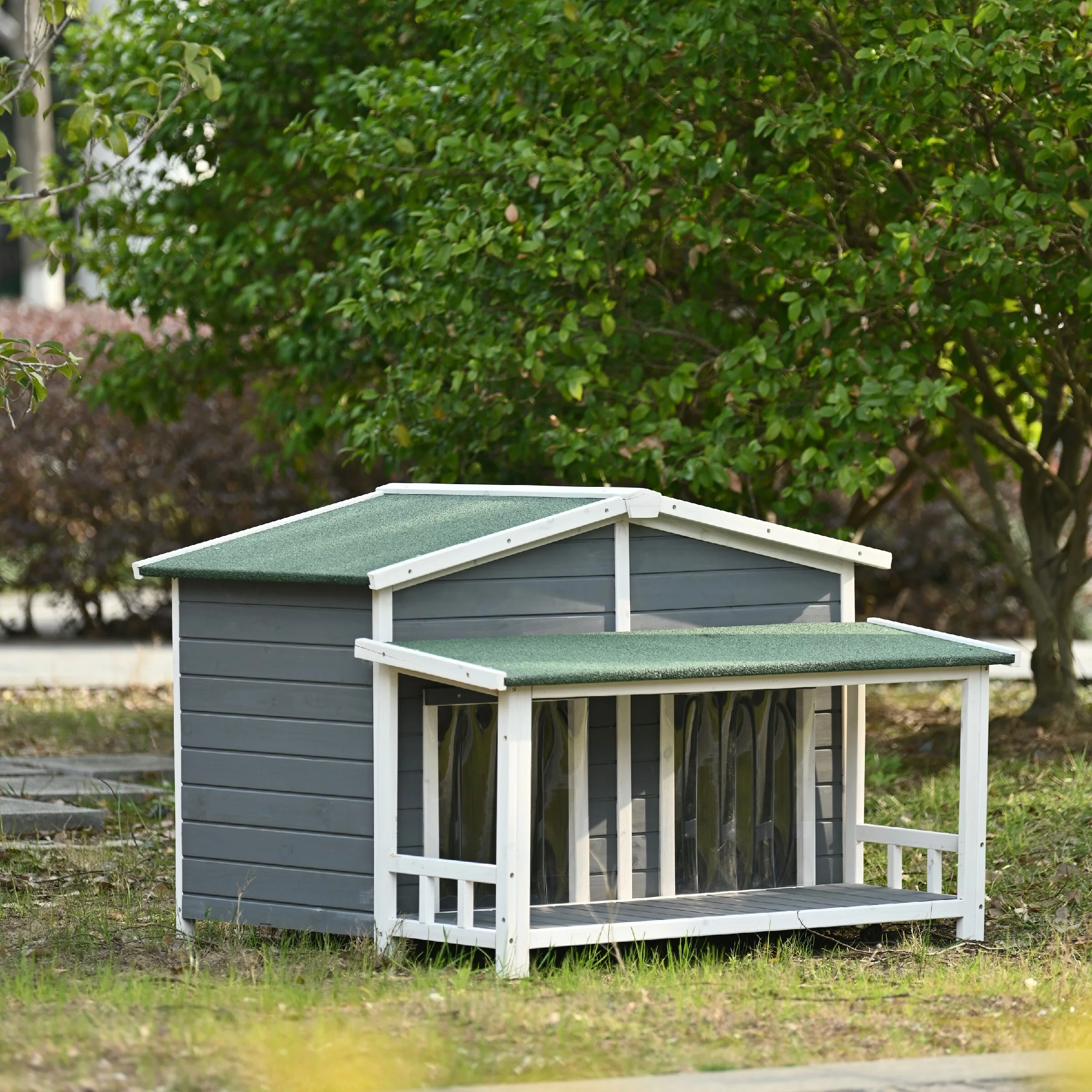 Soges 47" Large Wooden Dog House Outdoor, Pet Log Cabin Home With Porch Deck for Large/Medium Dogs, Gray&Green