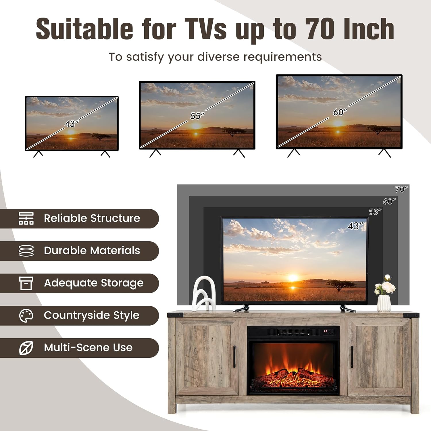 COSTWAY Electric Fireplace TV Stand for TVs up to 70 Inches, Farmhouse Media Entertainment Center Table with Storage Cabinets, Electric Fireplace TV Console with Remote Control for Living Room Bedroom