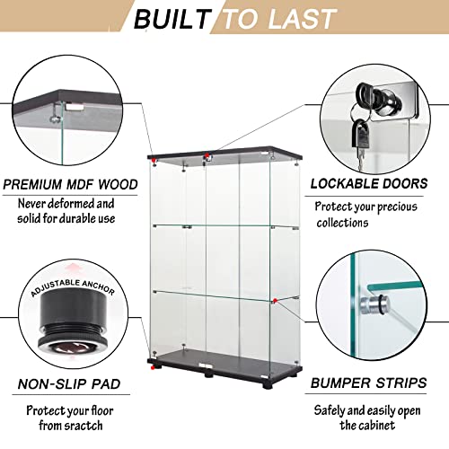 Glass Display Cabinet, 3 Shelves Glass Curio Cabinet Display Case, Floor Standing Glass Bookshelf Corner Cabinet for Living Room Bedroom Home Officee, 49.3" H x 16.7" W x 14.3" D, White