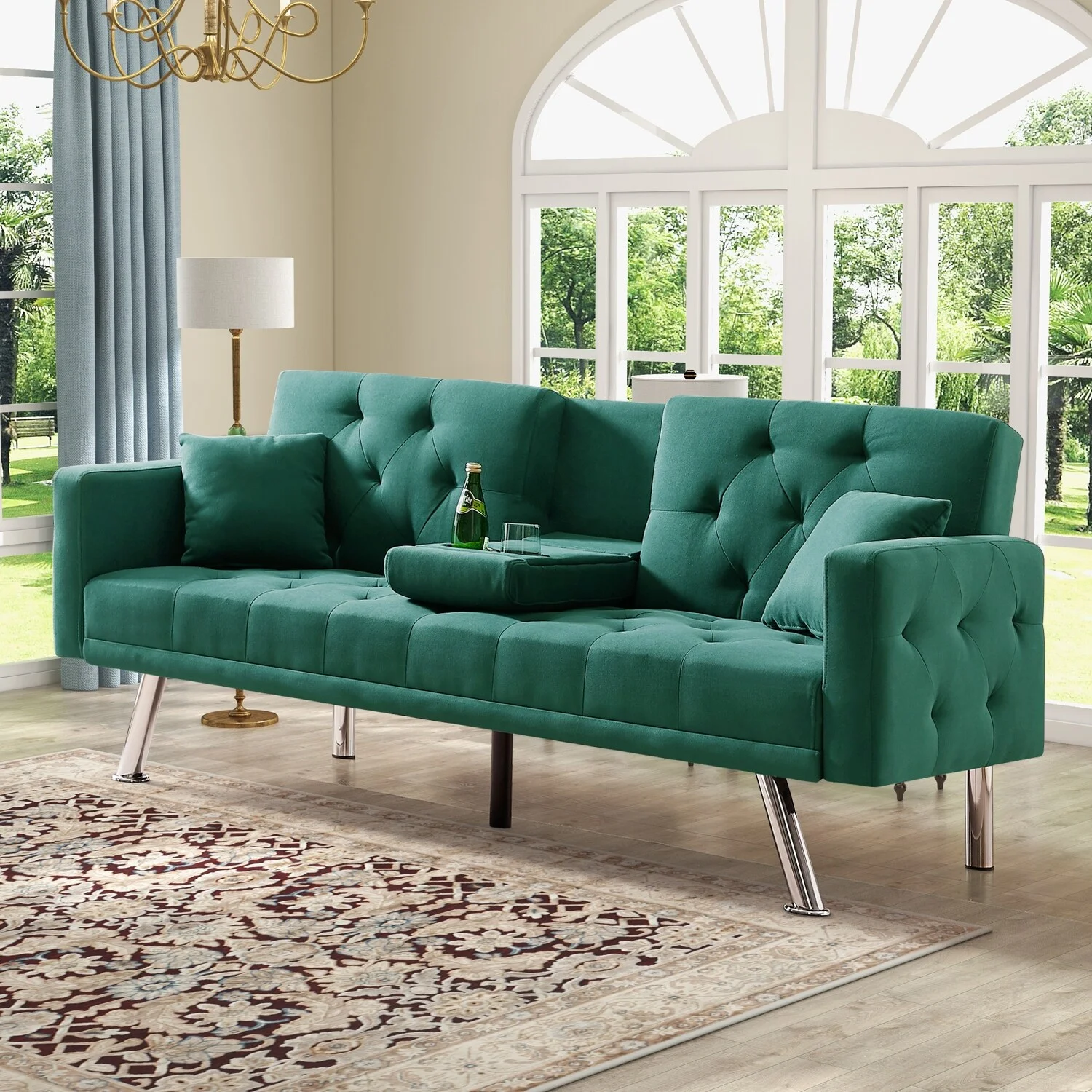 Yangming 76 Inch Futon Sofa Bed with Cup Holders, Linen Convertible Folding Futon Couch with Adjustable Backrest and Throw Pillows Green
