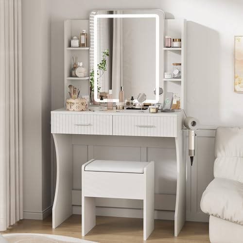 Vanity Desk with LED Lighted Mirror, Makeup Vanity with 3 Adjustable Lights, 2 Large Drawers and 4 Open Shelves, White Vanity with Storage Stool for Bedroom