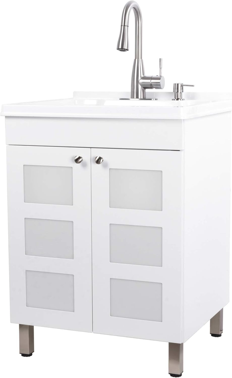 Utility Sink Laundry Tub With Cabinet In White, High Arc Stainless Steel Faucet, Storage Vanity With Slow Closing Doors, Large Washtub for Cleaning and Washing, Sinks for Garage, Basement, Work Room