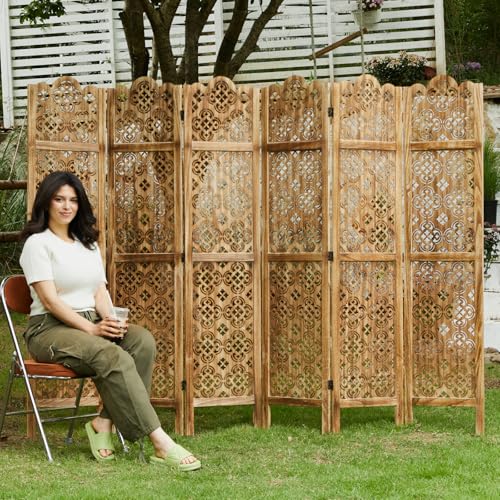 5.75Ft Room Divider Wood Carved Wall Divider Indoor Folding Portable Partition Screen for Home Office Garden Terrace - 4 Panel (Antique Brown)