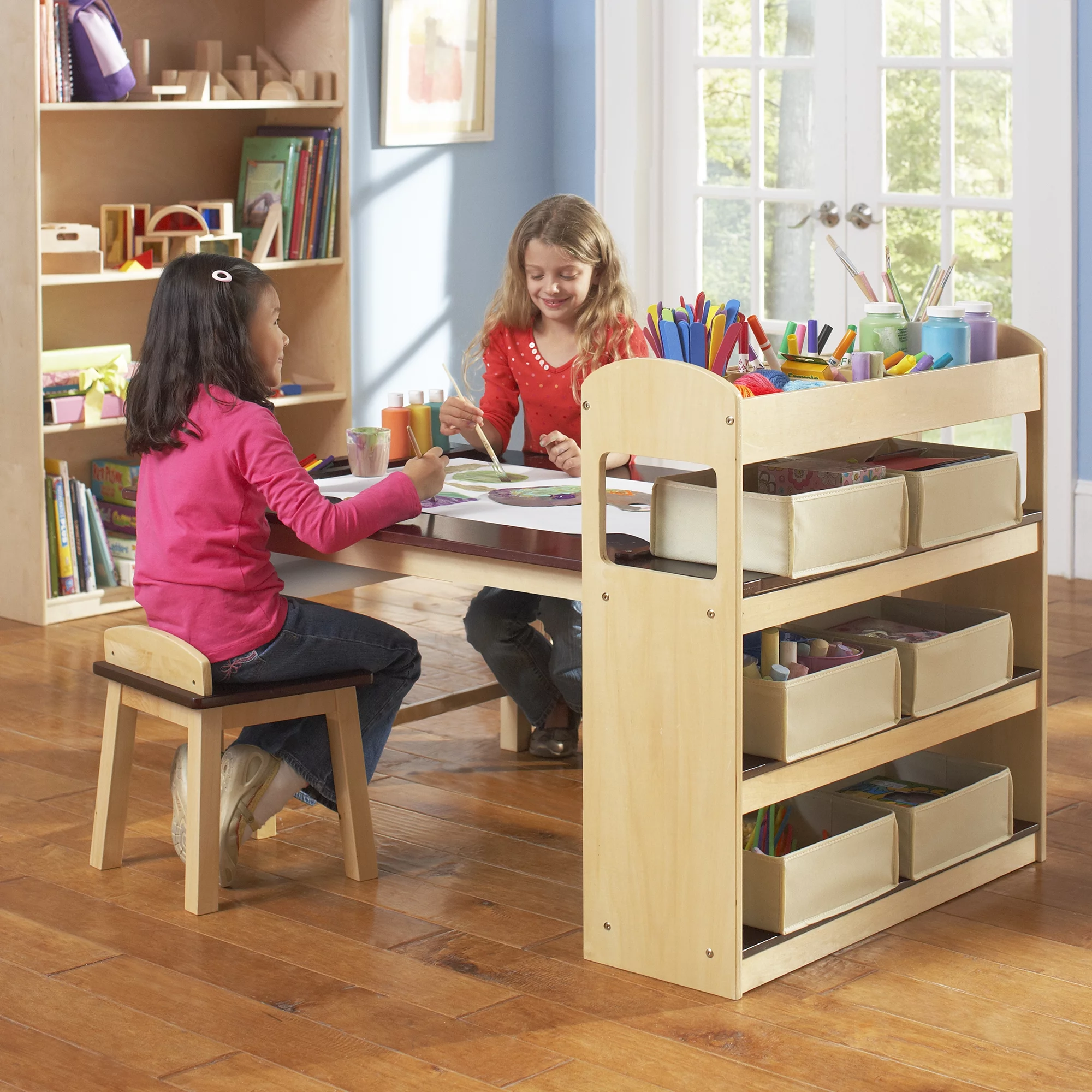 Guidecraft Deluxe Art Center: Drawing Desk and Painting Table for Kids, W/ Two Stools, Craft Supplies Storage Shelves, Canvas Bins, Paper Roll – Preschool Toddler Wooden Learning Furniture