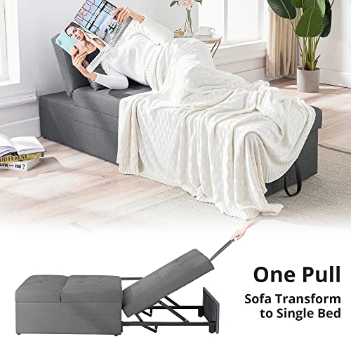 Cozy Castle Sleeper Chair, Convertible Chair Bed, 4 in 1 Ottoman Bed, Pull Out Sofa Bed, Linen Fabric Chaise Lounge, for Living Room/Small Apartment, Dark Grey