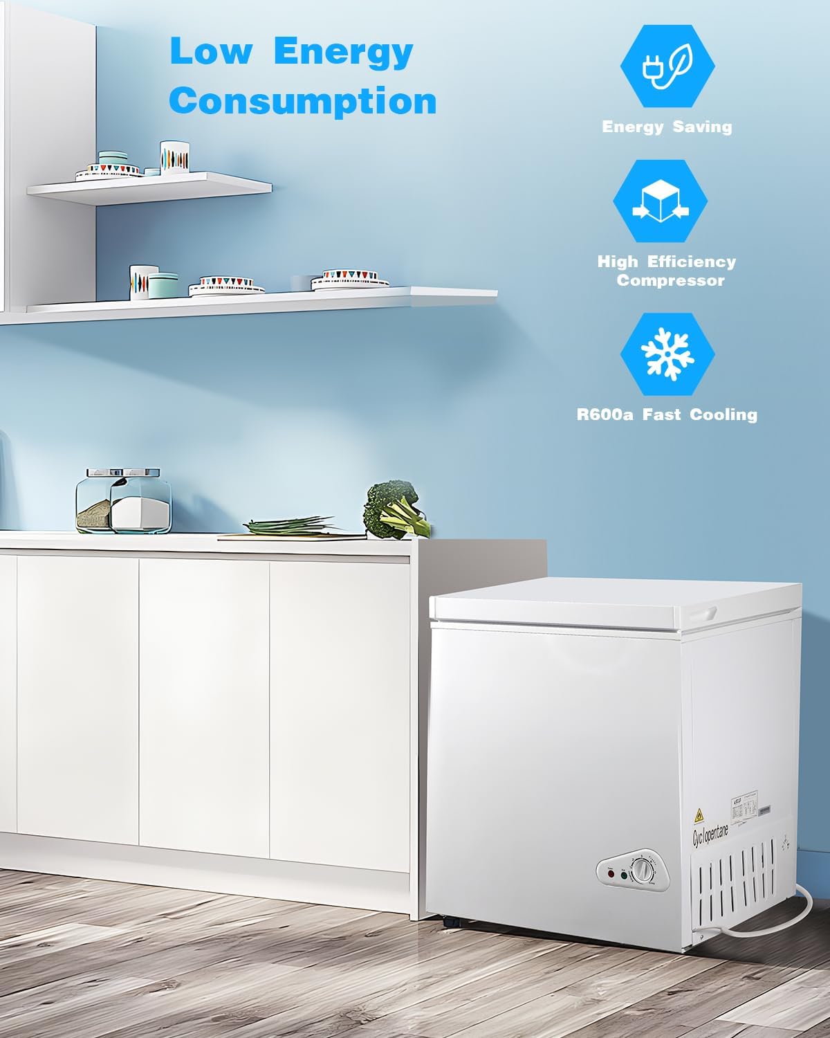 3.5 Cu.Ft Deep Compact Freezer, Chest Freezer with a Removable Basket 7 Gears Adjustable Temperature Control(-18°F to -46°F) for Garage, Office, Basement, House, Kitchen, Shop, RVs-White