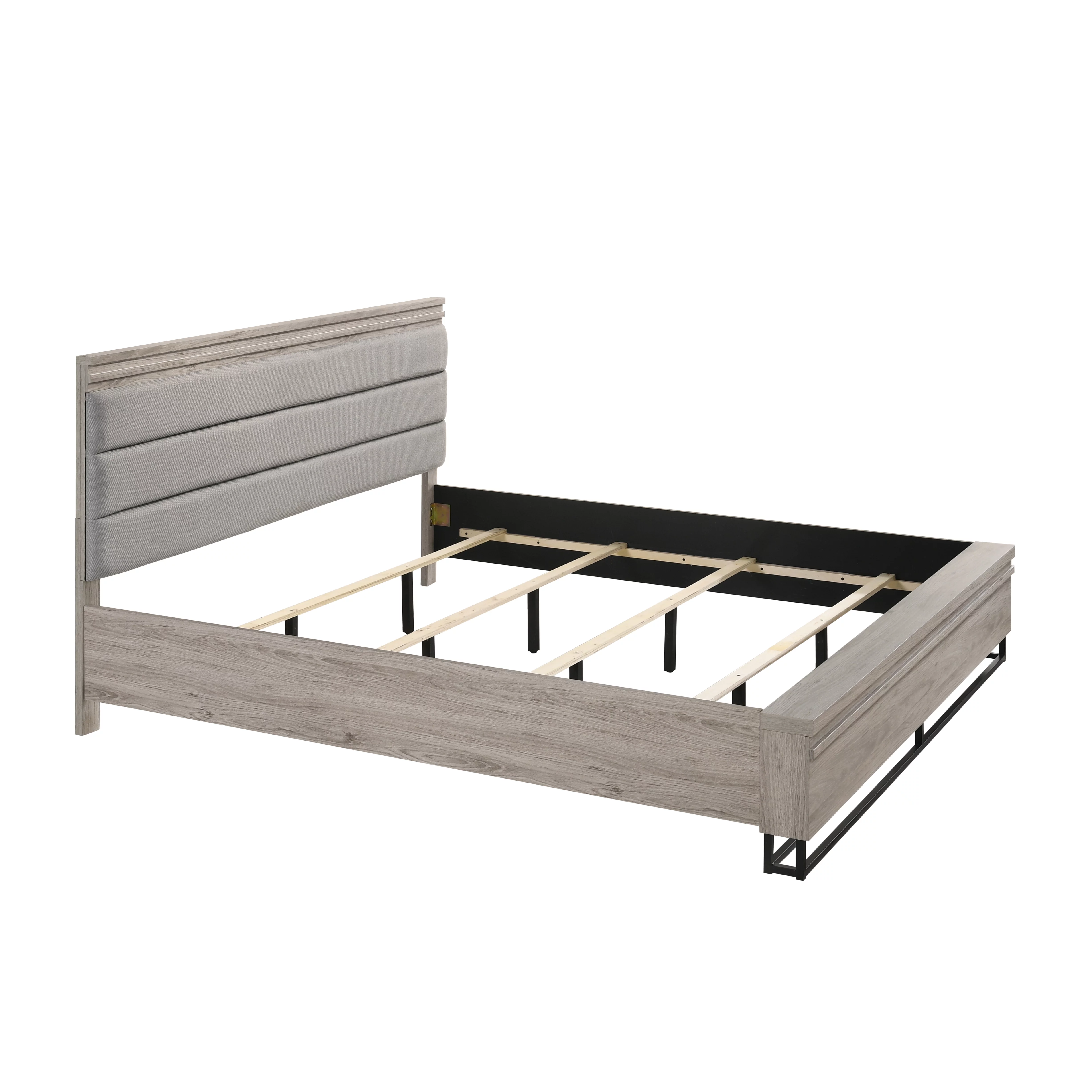 Roundhill Furniture Alvear Upholstered Wood Wallbed Bed with White LED Lights, 2 Nightstands, Weathered Gray, King