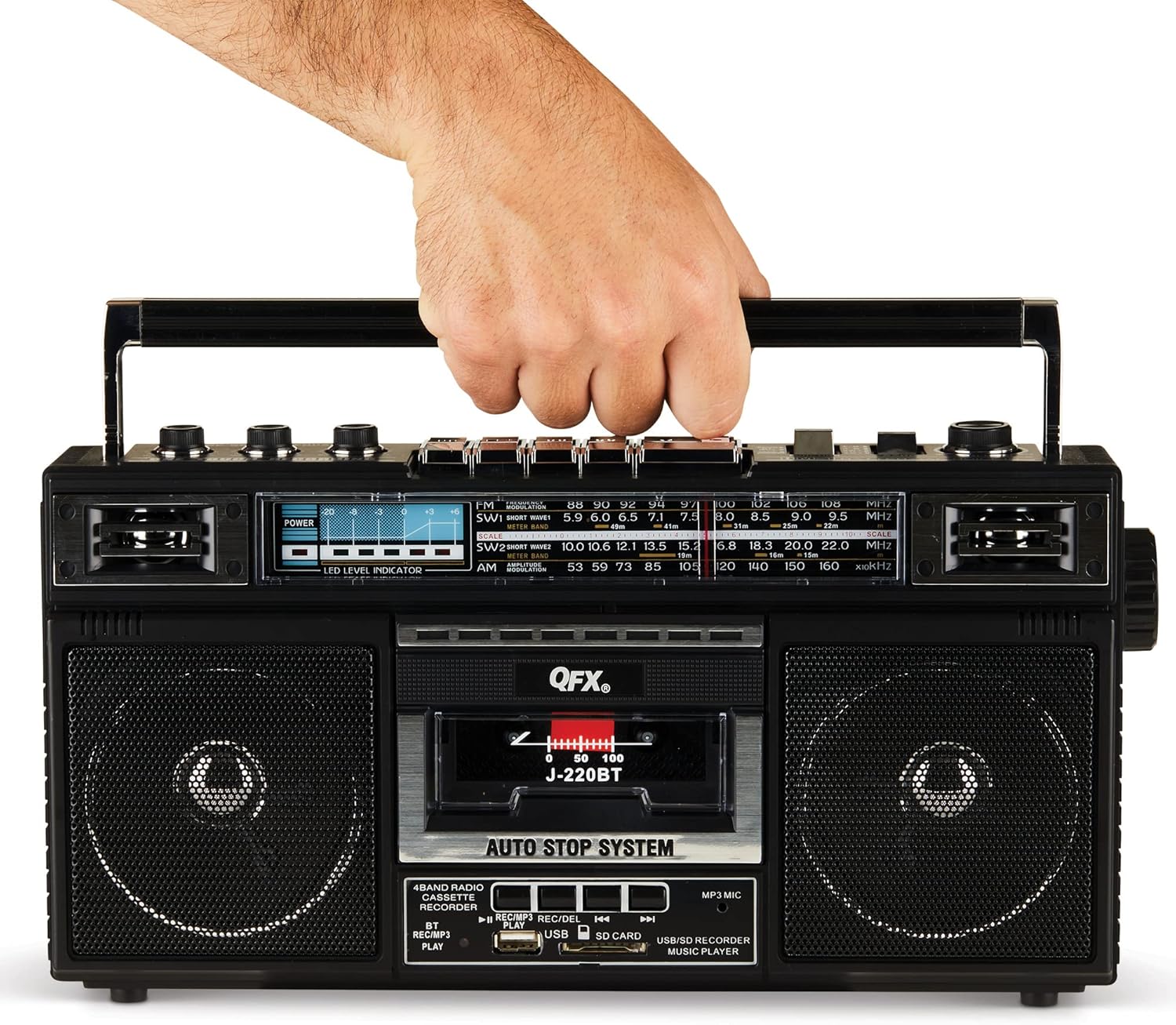 QFX J-220BT ReRun X Cassette Player/Recorder Boombox 4-Band (AM, FM, SW1, SW2) Bluetooth Portable Recording Boombox with Dual 3” Speakers, Built-in Microphone, 3-Band Equalizer Pack of 2