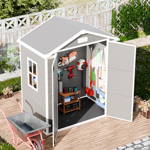 Resin Outdoor Storage Shed with Floor 5x4 FT Waterproof Plastic Sheds Kit Window Lockable Door Included, Outside Garden Tools Sheds for Backyard Patio