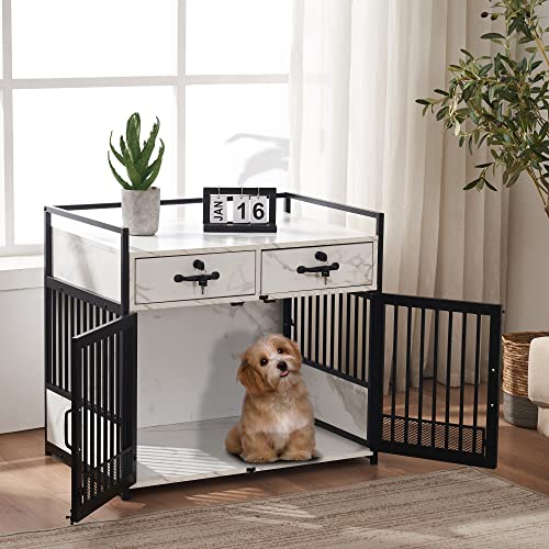 MCombo Furniture Style Dog Crate, Wooden Dog Crate End Table, Double Doors Dog Kennel with Storage Drawers, 0649 (White)