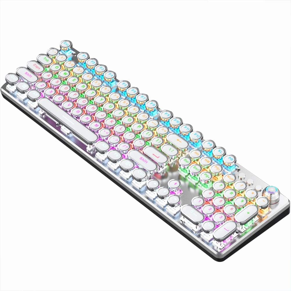 Mechanical Keyboard LED Backlit Retro USB Keyboard -Blue Switch - Retro Style and Round Keycaps -104 Keys Vintage Steampunk Gaming Multimedia Macro Program Keyboard (White)