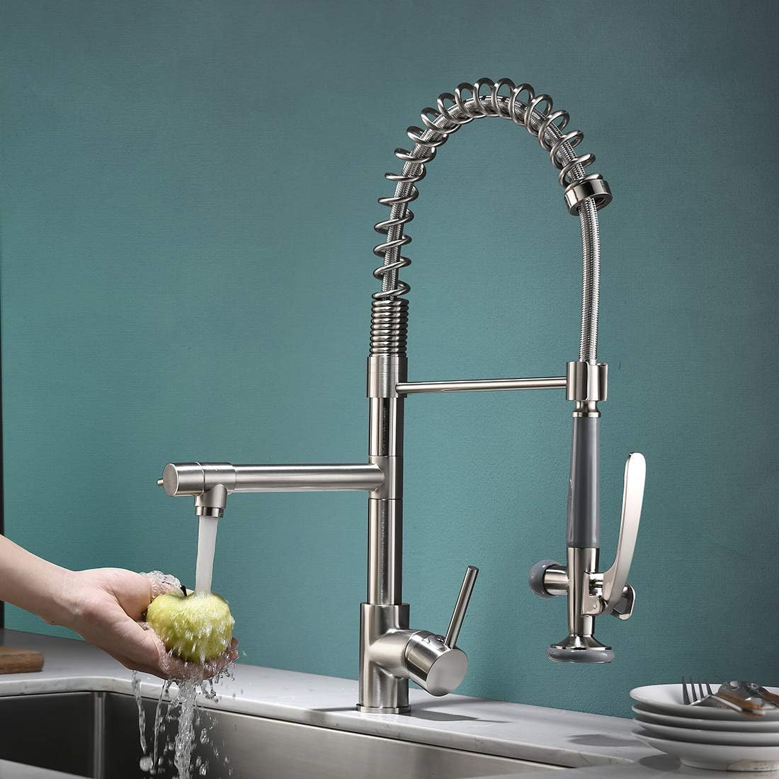Fapully Commercial Kitchen Faucet Pull Down Sprayer with Soap Dispenser Brushed Nickel