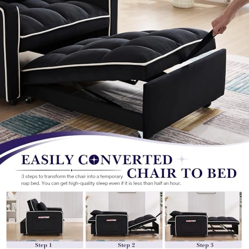 Convertible Sleeper Chair Bed, 3 in 1 Modern Velvet Pull Out Sofa Bed Chair, Small Tufted Single Sleeper Chair with Adjustable Backrest/Pillow for Living Room, Small Spaces, Apartment, Office, Beige