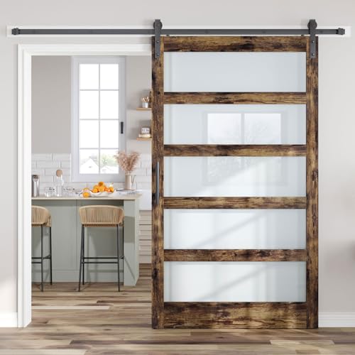 36x84 Inch Glass Sliding Barn Door Slab and 6.6ft Hardware Kit Included, 5 Frosted Glass, LVL Wood Panel Covered with White Water-Proof Scratch-Proof PVC Surface, Simple DIY Assembly