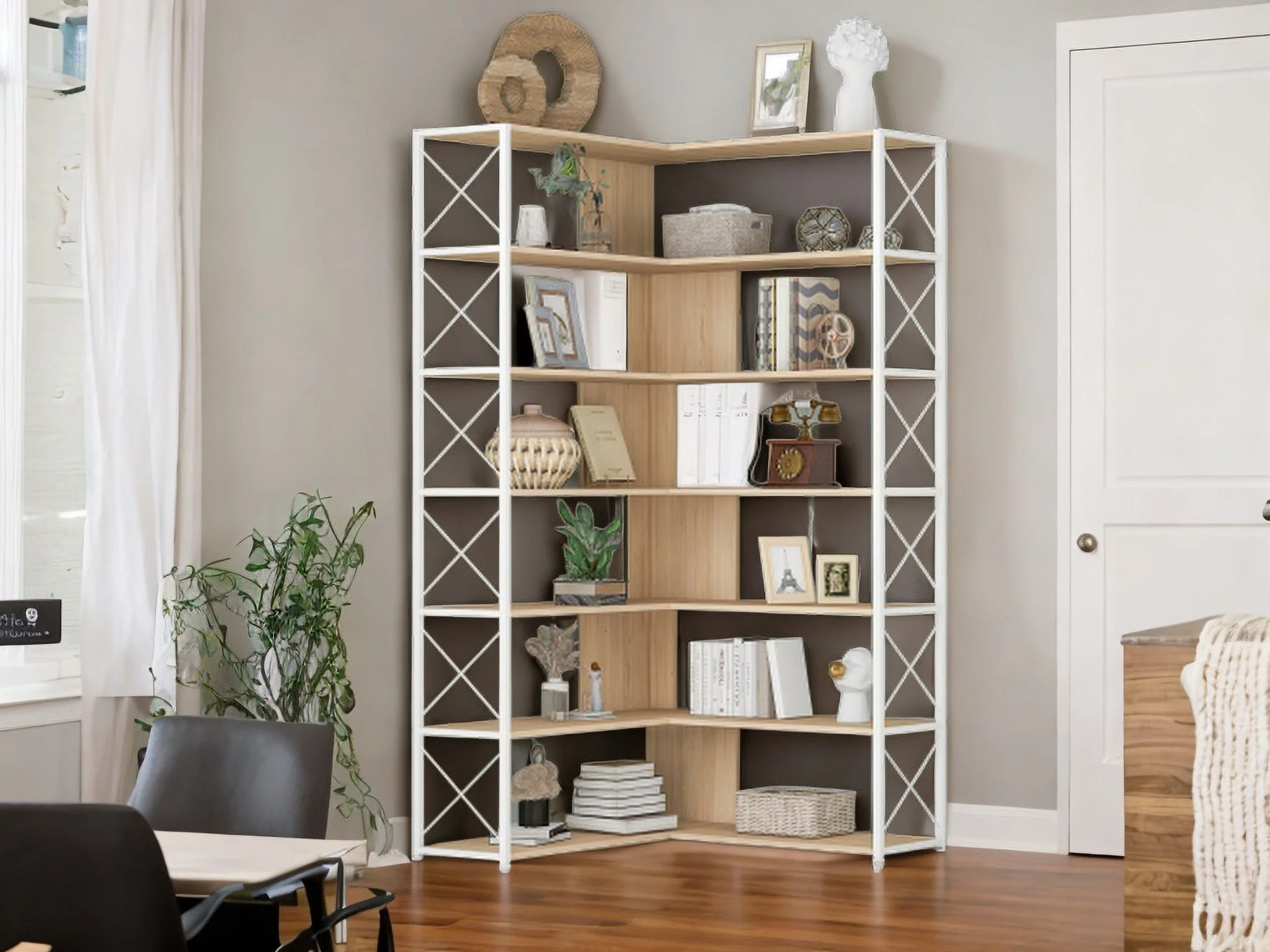 L-Shaped Corner Bookshelf 7-Tier Bookcase with Metal Frame and Industrial Style Design - Spacious Home Office Shelf for Books, Decor, MDF Boards - Sturdy and Stylish Storage Solution (Oak)