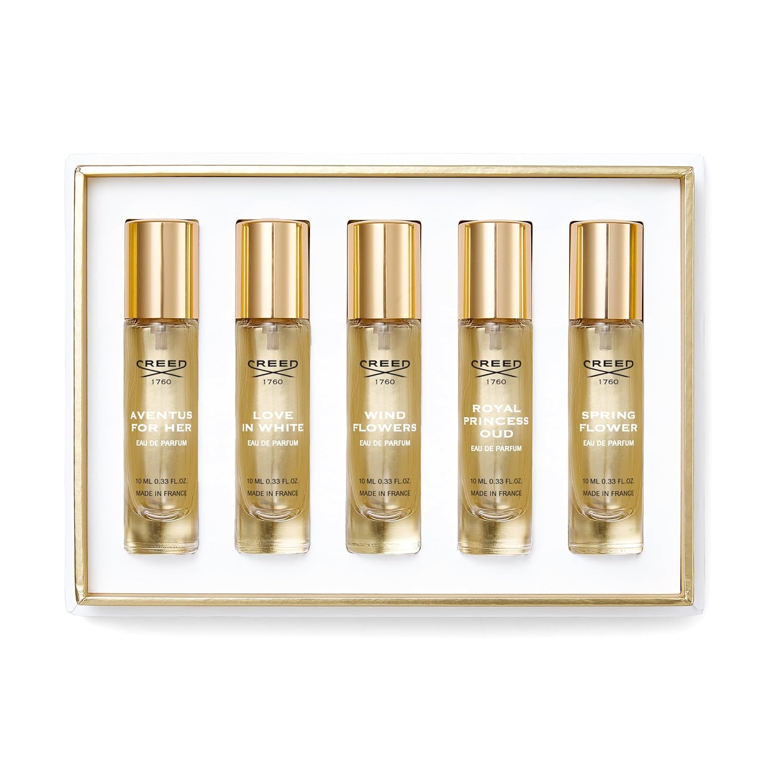 Creed Women's Holiday Gift Coffret Set, Features 5 Signature Perfume Scents of Aventus for Her, Wind Flowers, Love in White, Royal Princess Oud and Spring Flower, 5 x 10ml