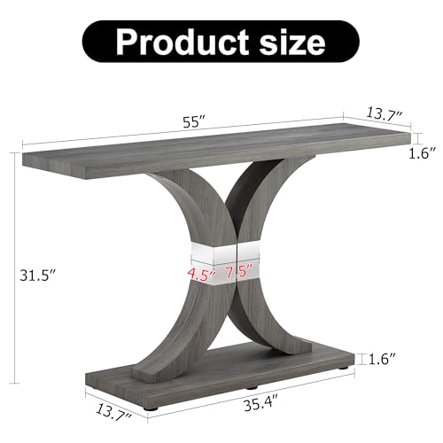 Modern Gray Console Table, 55 inch Narrow Entryway Foyer Table with Geometric Base, Vintage Sofa Table, Rustic Hallway Accent Table for Living Room, Entrance, White and Gold