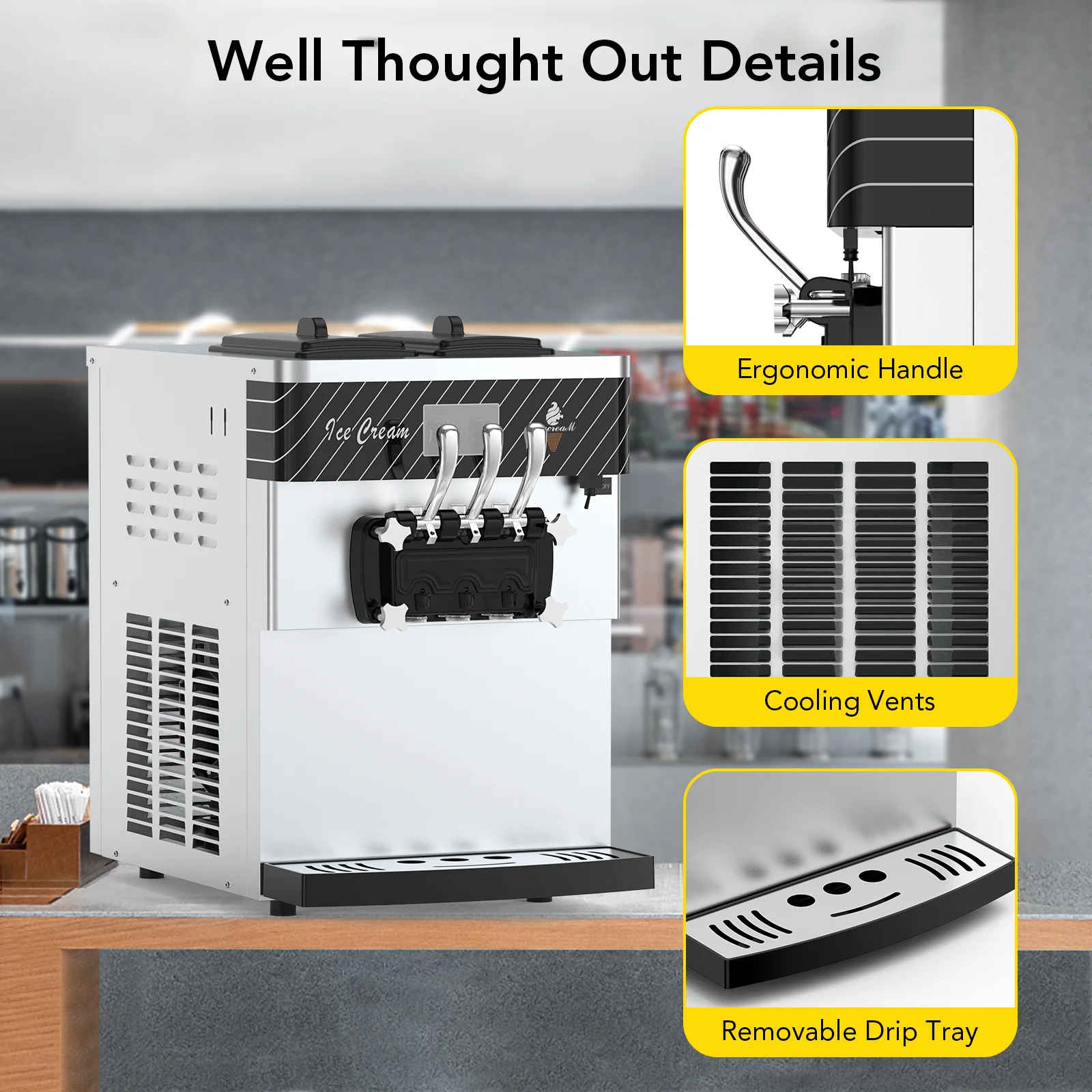Commercial Soft Serve Ice Cream Machine - 4.7-5.3Gal/H Yield, 3 Flavor Countertop, with 2 * 7L Hoppers & 2 * 1.8L Cylinders - for Restaurants, Snack Bars, Café, Supermarkets