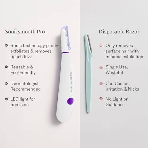 Michael Todd Beauty Sonicsmooth Pro+ Dermaplane Razor for Women Face + Eyebrow trimmer Dermaplaning System w/LED Light Peach Fuzz Remover -16 Dermaplaning Blades & 2 Microsmooth Exfoliation Tips