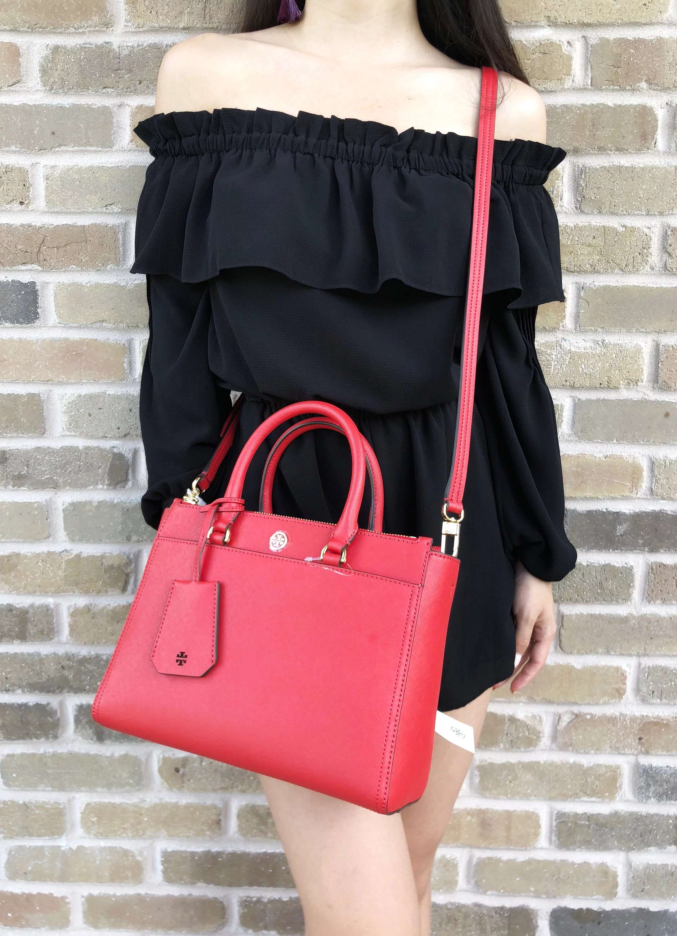 Tory Burch Robinson Small Double Zip Tote Satchel Crossbody Bag Poppy Orange Red